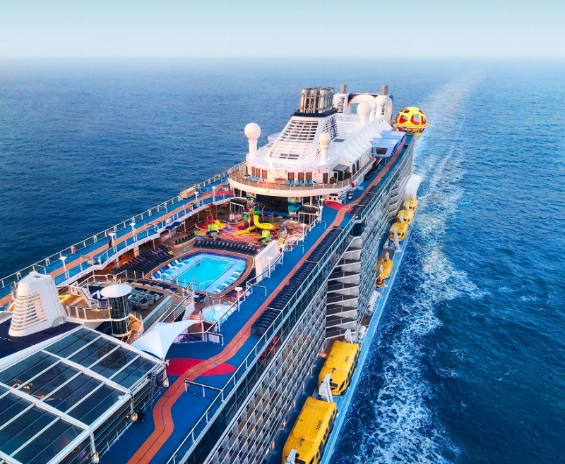 SC, Spectrum of the Seas, overhead view of top deck, port side, of Spectrum, shot from inside North Star, ocean horizon, Sky Pad dome, pool deck,